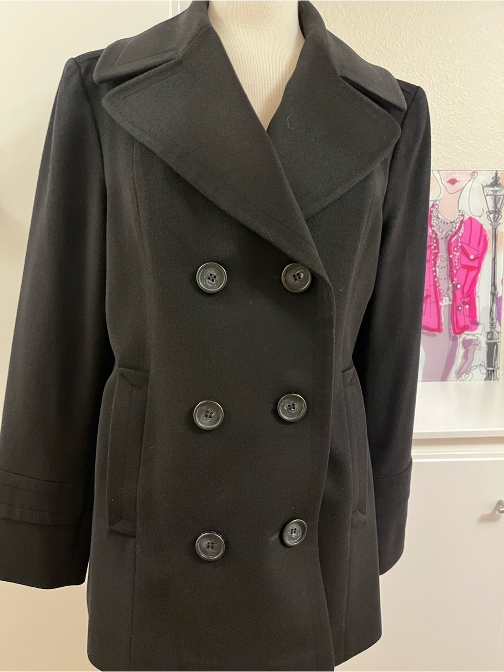 Fleurette Women's Black Double-Breasted Loro Piana Wool Classic Peacoat-Size 14